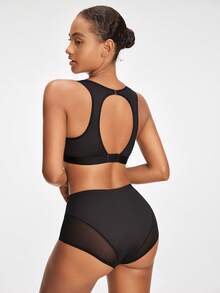 SHAPORA Women's Mesh Contrast Round Neck Sleeveless Top And Bottom Shapewear Set - Black - View 2