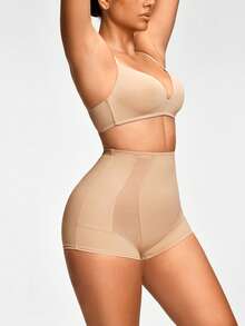 SHAPORA Women's High Waisted Tummy Control Apricot Knitted Fabric Shapewear Shorts With Butt-Lift Effect - Apricot - View 3