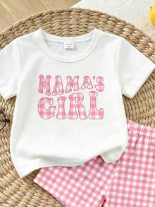 Souflis Souflis 1 Set Baby Girls Fashion Sweet Cute Plaid "MAMA'S GIRL" Letter Print Short Sleeve Round Neck T-Shirt And Plaid Shorts Set, Suitable For Casual And Outing Wear, Summer Outfits - Multicolor - View 4