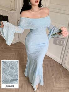 Modelyn Robe de soirée élégante et sophistiquée style dame, bandeau tube, tricot jacquard, manches évasées, coupe slim, robe grande taille pour femmes - Bleu azur - Voir 8