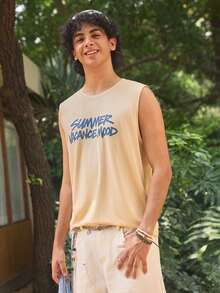Whitmere 1pc Men's Summer English Text & Palm Tree Print Casual Sleeveless Tank Top - Apricot - View 4