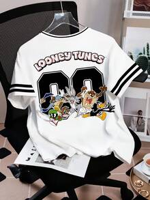 LOONEY TUNES X SHEIN 女士休闲字母动物印花短袖T恤，夏季 - 白色 - 查看 2