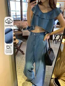 DAZY 女士时尚甜美多层荷叶边露脐上衣搭配休闲直筒牛仔裤套装，春夏款 - 藍色 - 查看 1