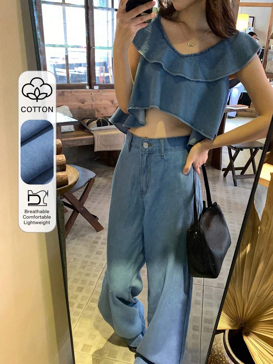 DAZY 女士时尚甜美多层荷叶边露脐上衣搭配休闲直筒牛仔裤套装,春夏款 - 藍色 - 查看 1