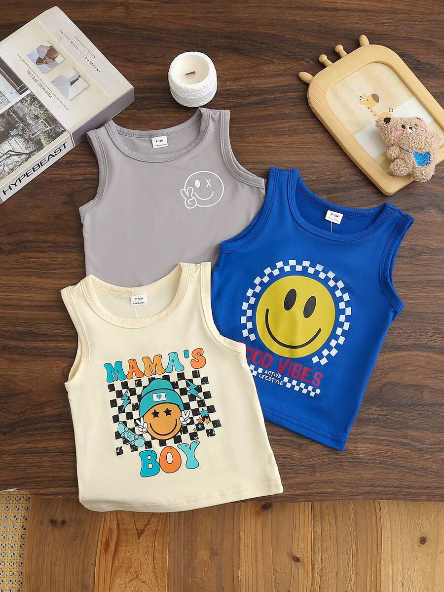 SHEIN Playful Pals 3件組男嬰臉部字母圖案圓領休閒背心套裝，男嬰背心，男嬰夏季背心，男嬰T恤，男嬰臉部背心，幼兒背心，男嬰上衣3件組