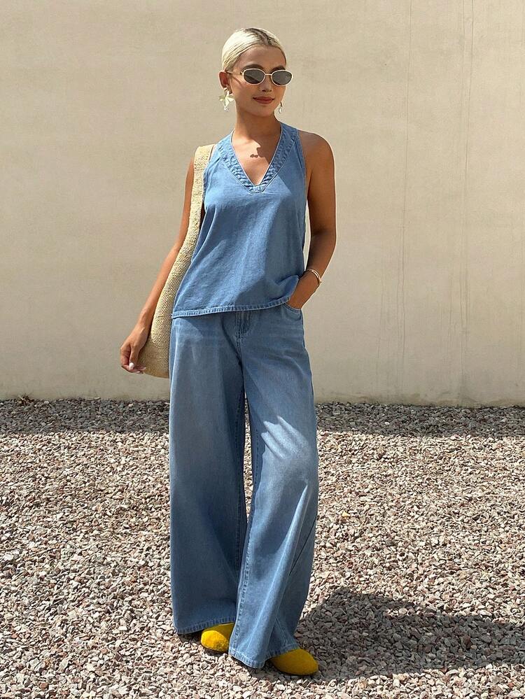 Women's Casual Halter Top And Wide Leg Jeans Set, Suitable For Spring And Summer