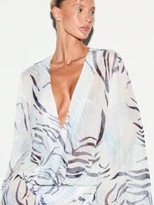 KIZN Zebra Print Plunge V-Neck Mini Dress With Extreme Kimono Sleeves Ruched Skirt Summer Party - Multicolor - View 5