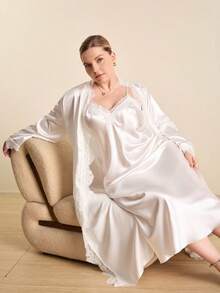 Hourtrue Plus Size White Satin Robe Set, Women Lace Trim Long Kimono Robe And Nightgown 2 Pieces Silk Like Loungewear - White - View 3