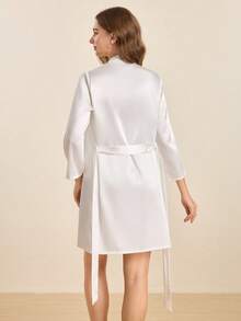 Hourtrue Drop Shoulder Contrast Trim Belted Satin Sleep Robe Luxe Loungewear, Fall, Winter - White - View 2