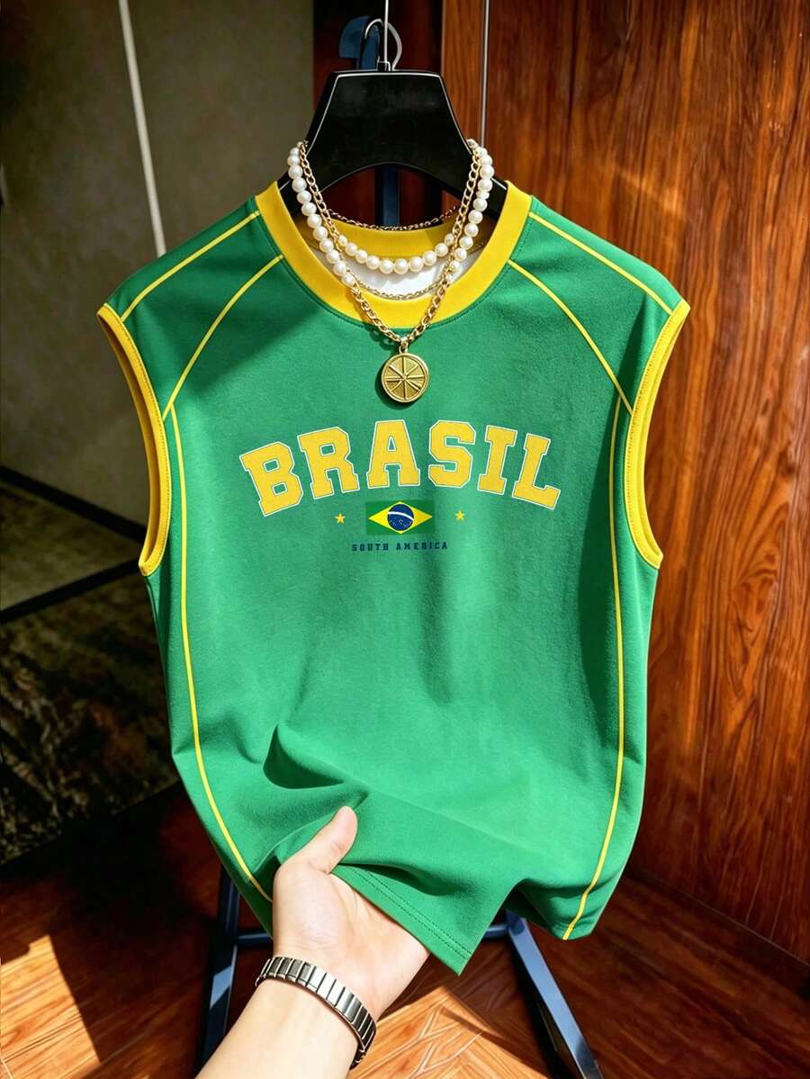 Manfinity Campus Court 男士復西隊足球背心，美國 BRASIL 10 印花無袖時尚運動上衣，夏季休閒運動背心，足球用品，度假 - 彩色 - 查看 1