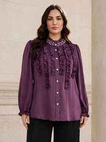 Graceveil Elegant Solid Color Ruffle Collar Long Sleeve Fitted Plus Size Blouse, Suitable For Spring And Autumn Elegant Blouse For Women Vacation - Purple - View 4