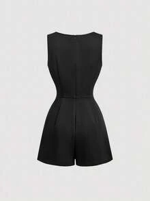 SHEIN MOD Black Boat Neck Split Bow Short Jumpsuit Tea Party Summer Elegant,Women Festival Outfits ,Party,Dresses For Holiday,Office Outfits For Women - Black - View 5