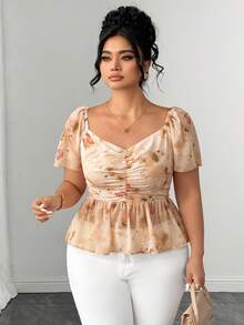 Elenzga Women's Plus Size Sweetheart Collar Ruffle Sleeve Ruched Waist Ruffle Hem Chiffon Print Elegant Blouse - Light Yellow - View 5