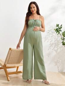 SHEIN 淺綠色平口連身褲，100%純棉，壓褶紋理面料，哺乳功能設計，孕婦友善蝴蝶結裝飾，舒適居家穿著，慵懶度假風孕婦哺乳連身褲 - 綠色 - 查看 5