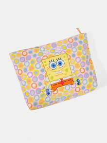 SpongeBob SquarePants | SHEIN 1個卡通印花燈芯絨拉鍊化妝包，輕便多功能內襯化妝收納袋 - 波點 - 查看 9