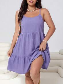 Solflare Gaun Wanita Ukuran Plus Warna Lilac untuk Musim Semi/Panas dengan Tali Bahu Tipis - Lilac Purple - View 5