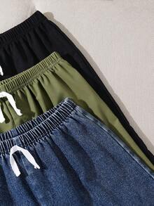 SHEIN Casuvi Kids 3件組青少年男孩買1送2，牛仔短褲搭配2件編織休閒短褲，刺繡小標籤設計，適合日常、上學、戶外、春/夏 - 彩色 - 查看 5