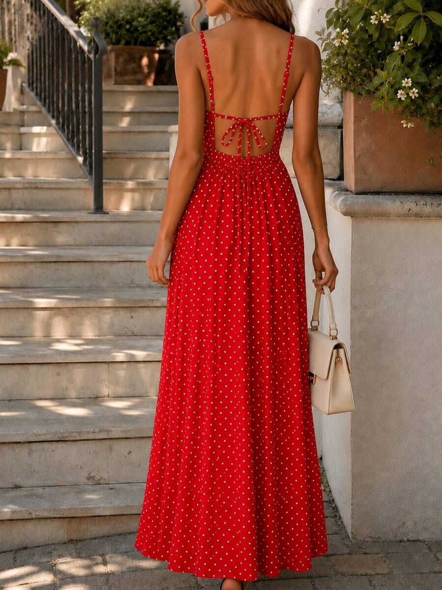 Cévolie Petite Women's Vacation Polka Dot Print Casual Camisole Dress - Bright Red - View 1