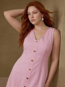MOTF PREMIUM PLUS SIZE ELEGANT HEART BUTTON DECOR PINK DENIM DRESS - Pink - View 3