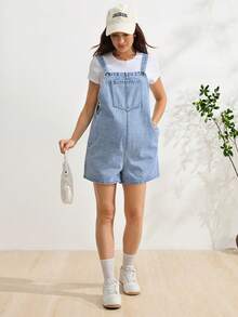 SHEIN Maternity Casual Denim Overall Shorts With Pocket Design - Medium Wash - View 6