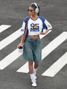 Muchica Paul Frank X SHEIN 女款夏季短袖V領IP聯名配色字母印花休閒短版落肩袖T恤，適合世界盃、比賽日、運動休閒、大學穿搭、畢業季、開學季、度假季 - 彩色 - 查看 5