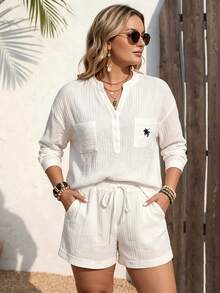 Vaclyn Plus Size Women's Notch V-Neck Knight Print Long Sleeve Top And Shorts Casual Everyday Set Vacation White Autumn Beach - White - View 7