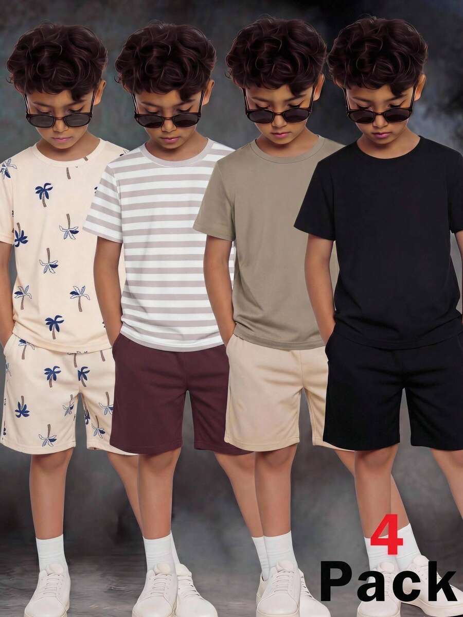 SHEIN 3件組買2送1兒童青少年男童島嶼風休閒百搭柔軟條紋印花椰子樹圓領寬鬆套頭T恤多件套，夏季上衣，男童套裝兒童套裝，適合春季/夏季、情人節、約會、夏季穿搭、海灘週末、家庭聚會、開學季、婚禮季、運動、生日派對