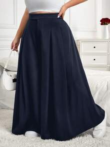 SHEIN CURVE+ CURVE PLUS /Valentine's Day/Plus Size Women's Pleated Loose Pants, Spring/Summer - Navy Blue - View 6