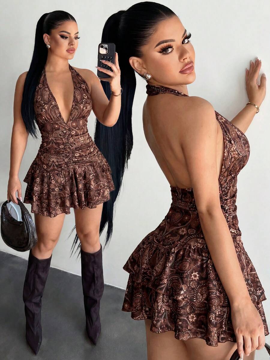 SHEIN SXY 女款掛脖全印花百褶時尚約會派對迷你洋裝 - 棕色 - 查看 1