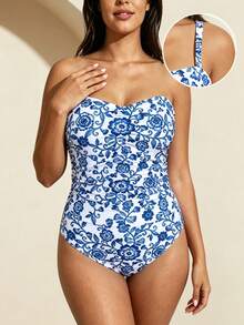 SHEIN Swim Curve Plus Size Strapless Dual-Color Striped Print Tunnel Front Ruched One-Piece Swimsuit,White,Summer,Tropical,Bachelorette Party,Beach,Holiday For Women - Blue and White - View 1