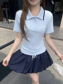 DAZY 蝴蝶結刺繡寬鬆短袖圓領女款T恤 - 藍色 - 查看 3