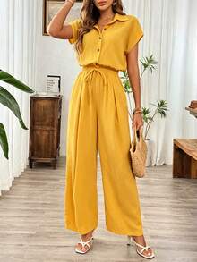SHEIN Raffinéa 夏季亞麻休閒開襟彈性腰寬腿黑色連身褲 - 黃色 - 查看 3