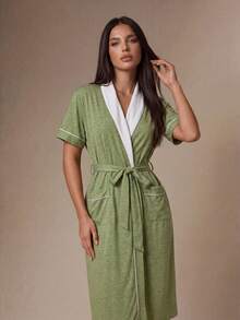 Lazeform Women's Casual Colorblock Lapel Short Sleeve Loungewear Robe With Belt - Green - View 6
