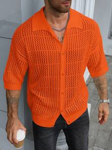 Manfinity Homme Men's Plus Size Solid Color Short Sleeve Single Breasted Casual Knit Cardigan Vacation Orange Red Summer Vacation Vacation - Orange - View 8