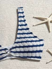 SHEIN Teen Girl Striped Metal Buckle Tank Top And Triangle Bikini Bottom Swimsuit Set For Vacation Beach - Navy Blue - View 5