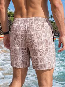 CoralVoy Men's Vacation Geometric Print Drawstring Waist Casual Beach Shorts - Beige - View 2