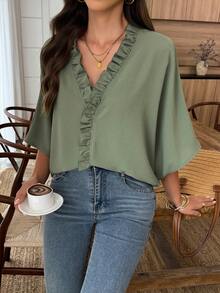 Louniche Women's 2026 Summer Casual V Neck Ruffle Trim Blouse, Batwing Sleeve Loose Fit Flowy Shirt For Daily Commute Vacation - Army Green - View 6