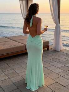 Aloruh Deep V-Neck Green Front Metal Decor Vacation Dress Summer Outfits Clothes Beach Vacation Boho Summer Outfits Clothes Beach Vacation Boho - Green - View 3