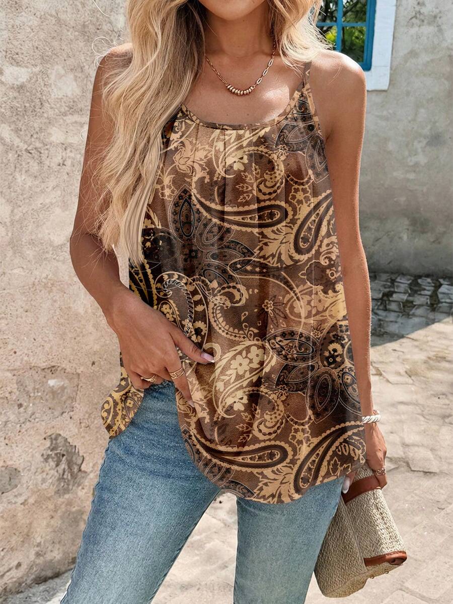 EMERY ROSE Women's Vacation Cashew Print Casual Pleated Loose Camisole Tank Top - Multicolor - View 1