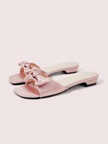 CUCCOO DOLLMOD Champagne Ribbon Bow Low Heels - Square Toe Slippers/Flats For Parties, Weddings Or Bridal Dress-Up Occasions Summer - Champagne - View 2