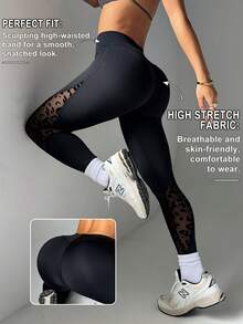 Easithlete Quần legging thể thao ôm sát cạp cao họa tiết da báo tương phản - màu đen - Xem 1