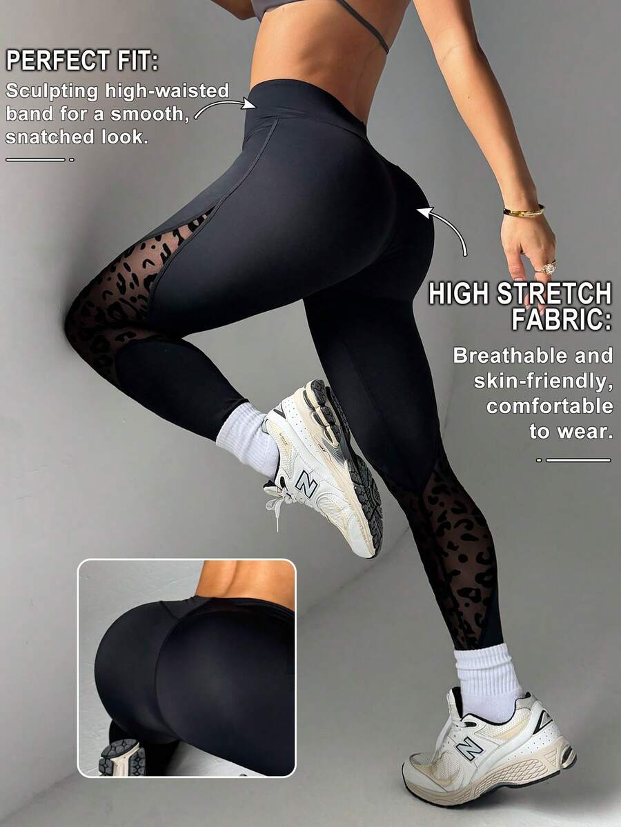 Easithlete Quần legging thể thao ôm sát cạp cao họa tiết da báo tương phản - màu đen - Xem 1