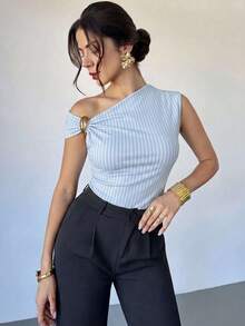Camiseta asimétrica de hombro con decoración metálica, elegante y casual, adecuada para salir, fiestas y otras ocasiones/Otoño para mujeres/Disfraz de Halloween para mujeres/Camiseta - Celeste - Ver 4