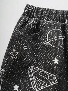 SUPERMAN X SHEIN Young Boy Geometric Pattern Patch Pocket Wide Leg Casual Denim Jeans - Black - View 5