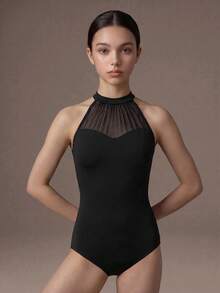 SHEIN Teen Girls Clothes Halter Neck Mesh Patchwork Casual Daily Wear Sports Jumpsuit, Back To School - Black - View 5