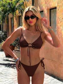 SHEIN Swim Women's Summer Beach Solid Color Front Tie Sexy Fashion Bikini Two-Piece Swimsuit Set - Brown - View 4