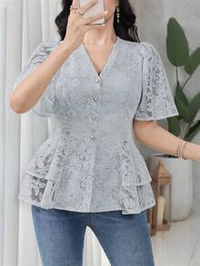 Feyla Women's Elegant Solid Color Lace Blouse, Summer - Blue - View 6