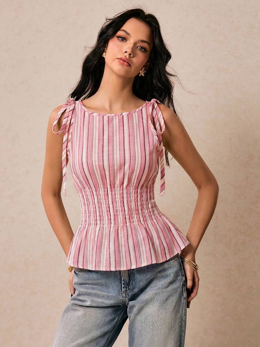 Poéselle 女款條紋圓領蝴蝶結肩帶裝飾收腰抽褶設計無袖背心上衣 - 粉色 - 查看 1