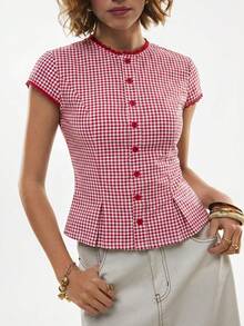 Poéselle Women's Casual Vintage Plaid Front Button Down Collared Shirt, Summer,Summer Top - Red and White - View 4