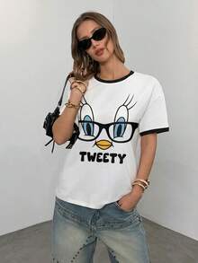 LOONEY TUNES X SHEIN 女士休闲字母卡通图案撞色滚边短袖T恤，夏季 - 白色 - 查看 5